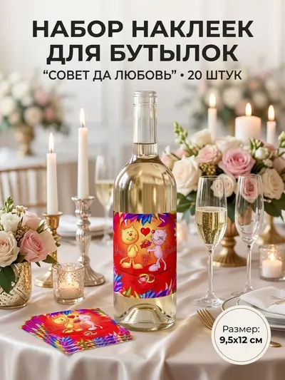 Яркие наклейки для бутылок «Совет да любовь» — весёлый акцент для неформальной свадьбы, 20 шт., 9,5×12 см